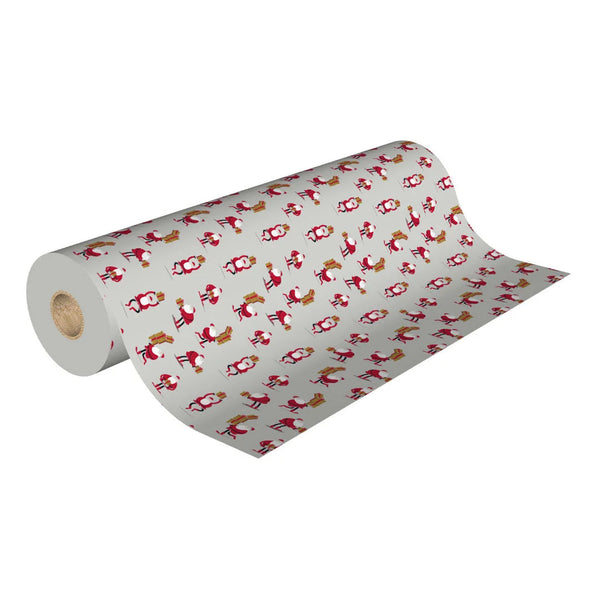 Rouleau papier cadeau Noël motif Père Noël avec cadeaux sur fond couché blanc 90 g – 0,7 x 100 m