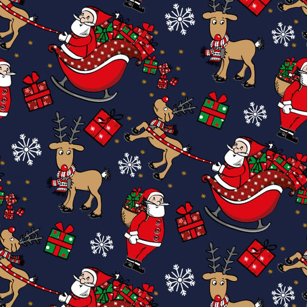 Rouleau papier cadeau Noël motif Père Noël et rennes sur fond couché bleu foncé 60 g – 0,7 x 100 m