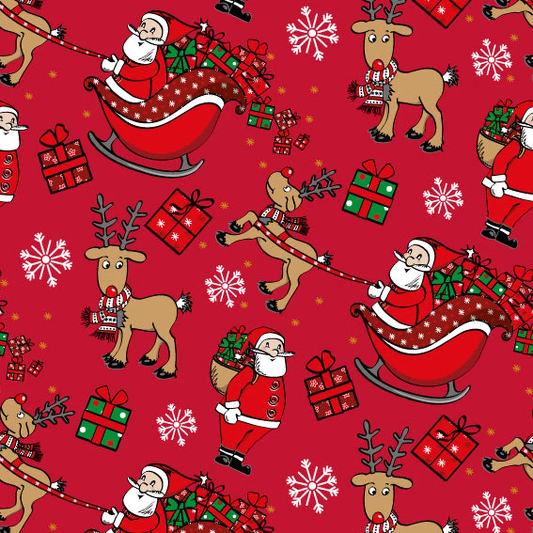Rouleau papier cadeau Noël motif Père Noël et rennes sur fond couché rouge 60 g – 0,7 x 100 m