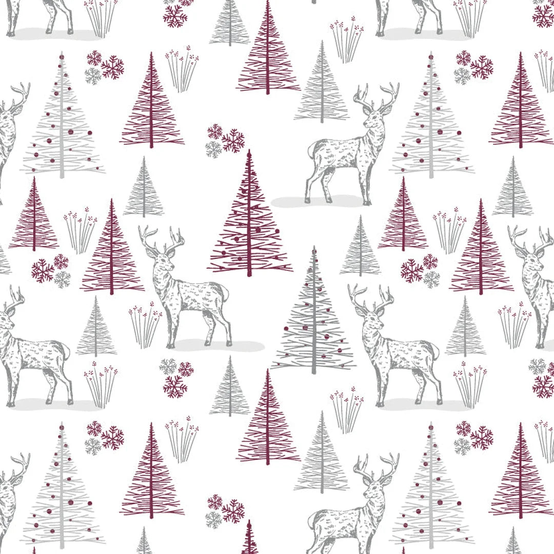 Rouleau papier cadeau Noël motif sapins et cerfs rouge et gris sur fond couché extra-résistant blanc 80 g – 0,7 x 100 m