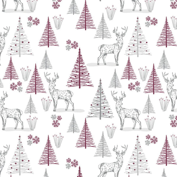 Rouleau papier cadeau Noël motif sapins et cerfs rouge et gris sur fond couché extra-résistant blanc 80 g – 0,7 x 100 m