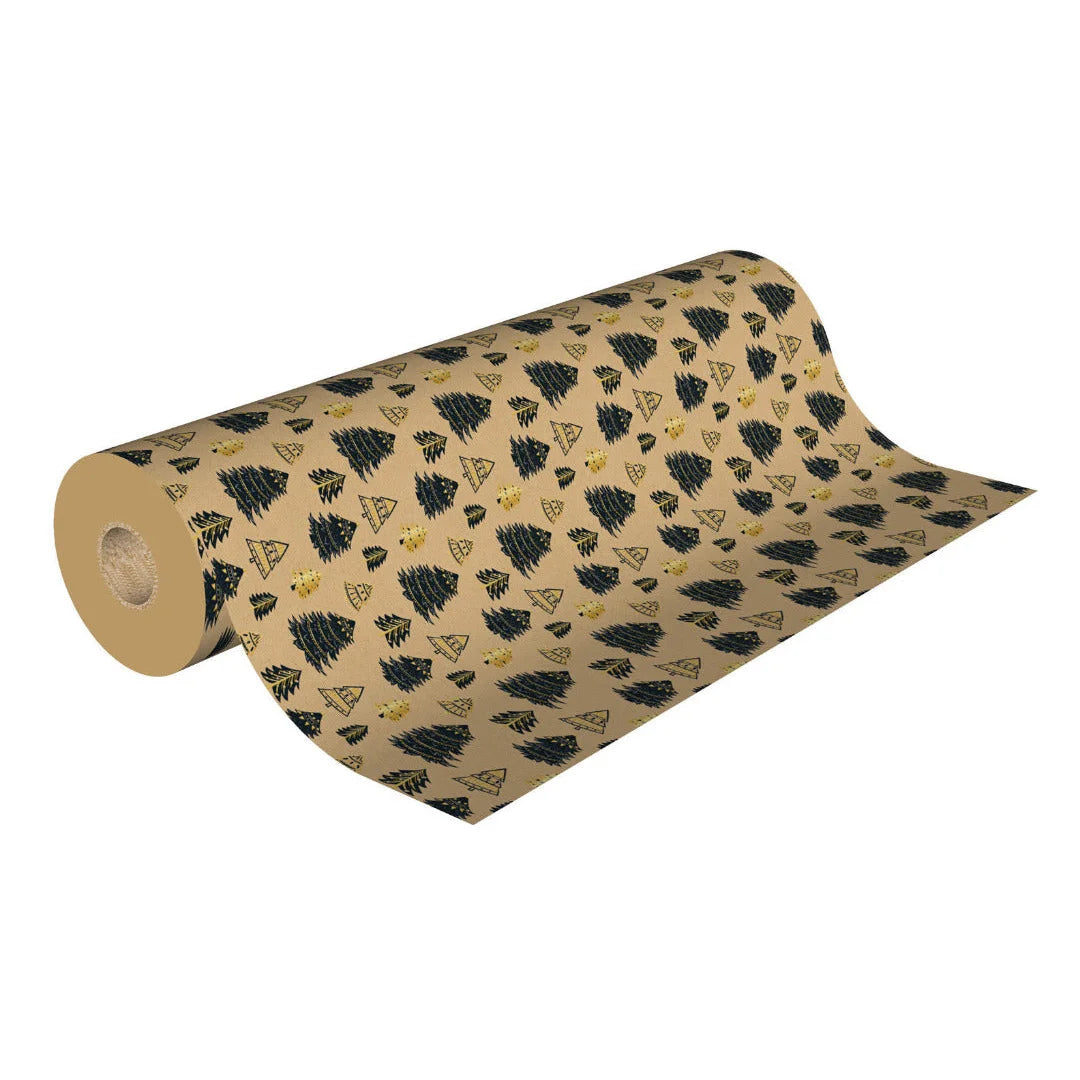 Rouleau papier cadeau Noël motif sapins noir et or sur kraft brun lisse 70 g – 0,7 x 100 m
