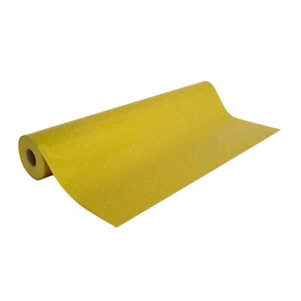 Rouleau de papier cadeau motifs mini pois sur fond or, en papier couché 60/90 g recyclable, dimensions 0,7 x 100 m ou 50 m, idéal pour emballages cadeaux professionnels.