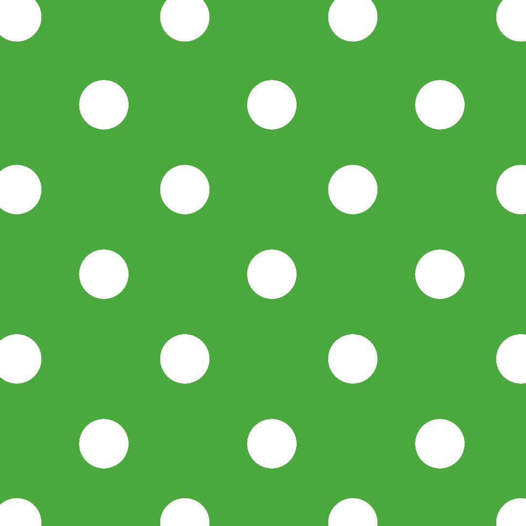 Rouleau de papier cadeau motifs pois blanc sur fond vert, en papier couché 60/90 g recyclable, dimensions 0,7 x 100 m ou 50 m, idéal pour emballages cadeaux professionnels.