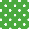 Rouleau de papier cadeau motifs pois blanc sur fond vert, en papier couché 60/90 g recyclable, dimensions 0,7 x 100 m ou 50 m, idéal pour emballages cadeaux professionnels.