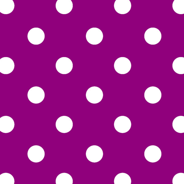 Rouleau de papier cadeau motifs pois blanc sur fond violet, en papier couché 60/90 g recyclable, dimensions 0,7 x 100 m ou 50 m, idéal pour emballages cadeaux professionnels.