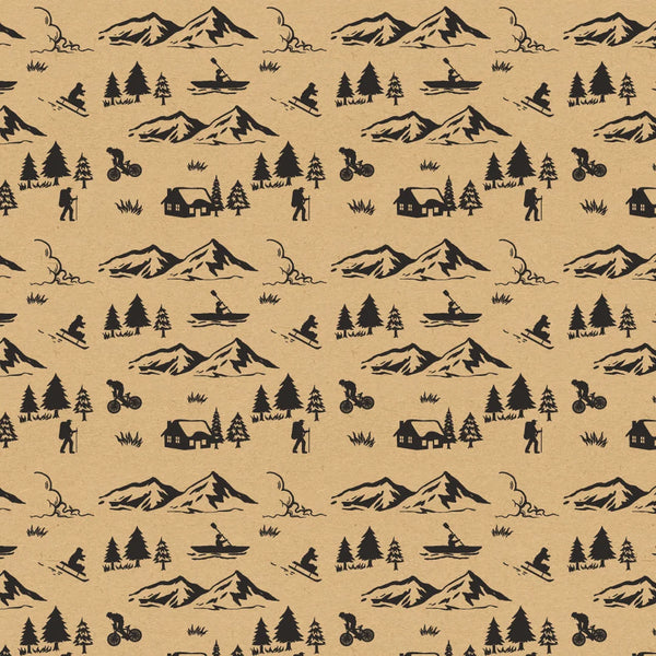 Rouleau papier cadeau kraft brun motif montagnes et sports, 70 cm × 100 m, papier lisse recyclable