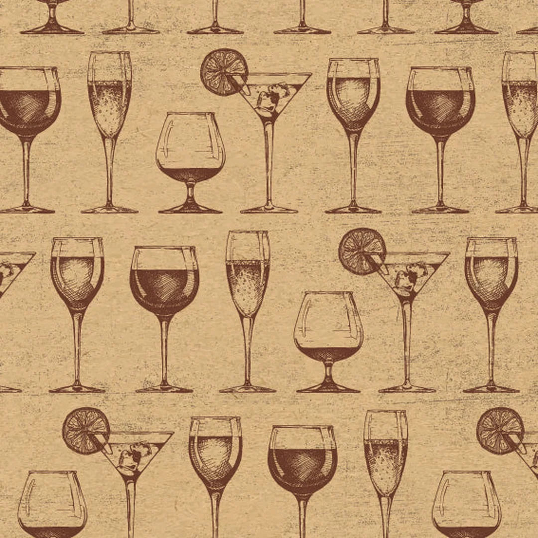 Rouleau papier kraft brun motif verres à pied, lisse, emballage professionnel caviste et épicerie fine