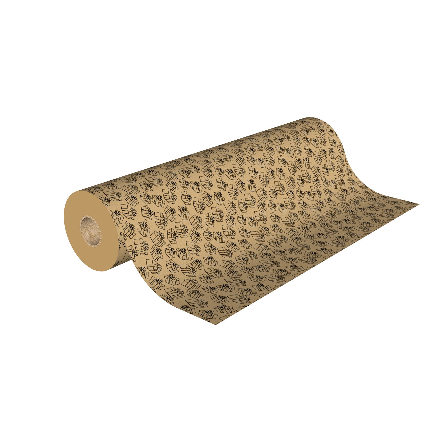 Rouleau de papier kraft brun à motifs cadeaux imprimés, solide et recyclable, idéal pour emballage cadeau, fleuristes et commerces de détail.