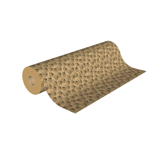 Rouleau de papier kraft brun à motifs cadeaux imprimés, solide et recyclable, idéal pour emballage cadeau, fleuristes et commerces de détail.