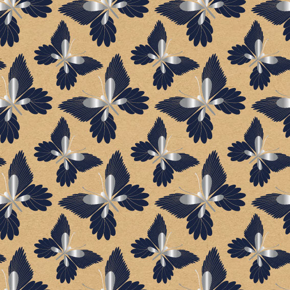 Rouleau de papier kraft brun à motifs papillons imprimés, solide et recyclable, idéal pour emballage cadeau, fleuristes et commerces de détail.