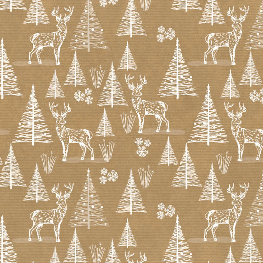 Rouleau papier kraft cadeau Noël motif sapins et cerfs blancs sur fond brun vergé 60 g – 0,7 x 100 m