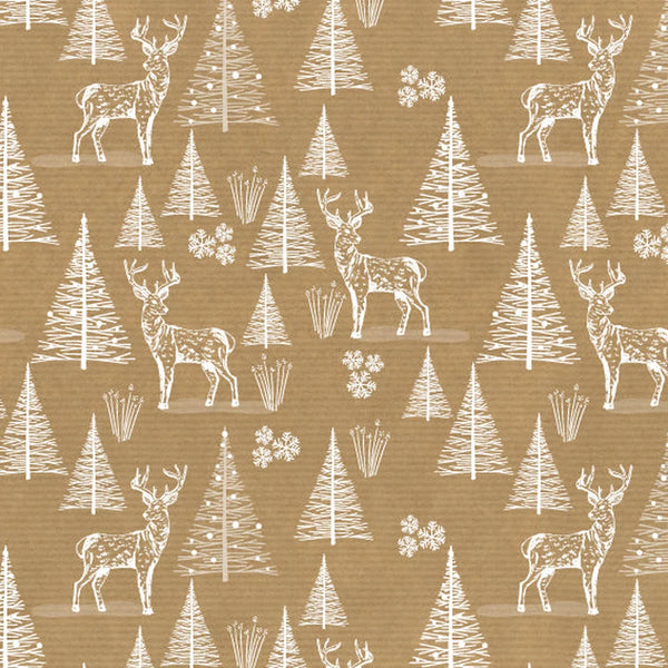 Rouleau papier kraft cadeau Noël motif sapins et cerfs blancs sur fond brun vergé 60 g – 0,7 x 100 m