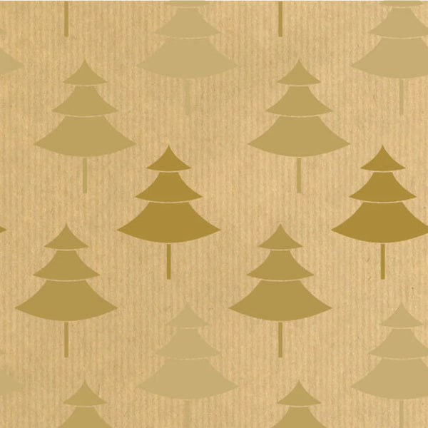 Rouleau papier kraft cadeau Noël motif sapins dorés sur fond brun vergé 60 g – 0,7 x 100 m