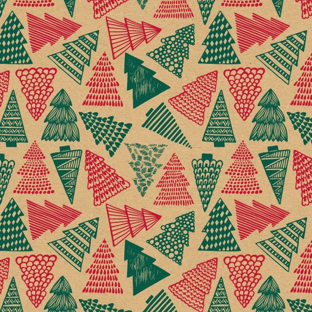 Rouleau papier kraft cadeau Noël motif sapins rouge et vert sur fond brun lisse 70 g – 0,7 x 100 m