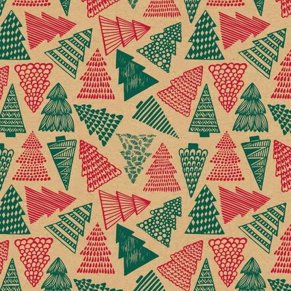 Rouleau papier kraft cadeau Noël motif sapins rouge et vert sur fond brun lisse 70 g – 0,7 x 100 m
