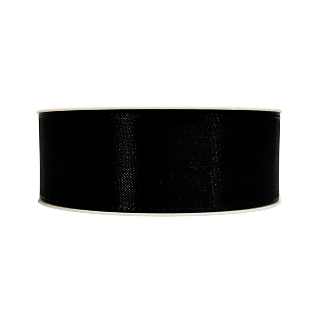 ruban taffetas noir en bobine de 50 m, 4 largeurs (8 / 15 / 25 / 40 mm). Idéal pour emballage décoratif, boutique, événements