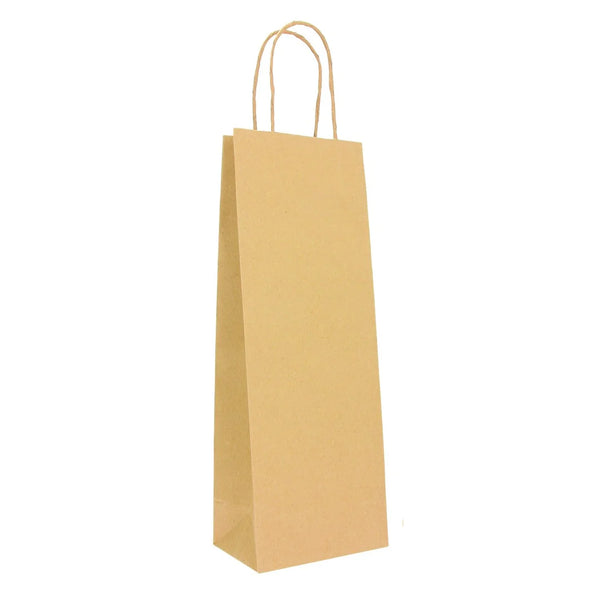 Sac bouteille kraft brun lisse 140g pour 2 bouteilles avec poignées torsadées et rabat replié