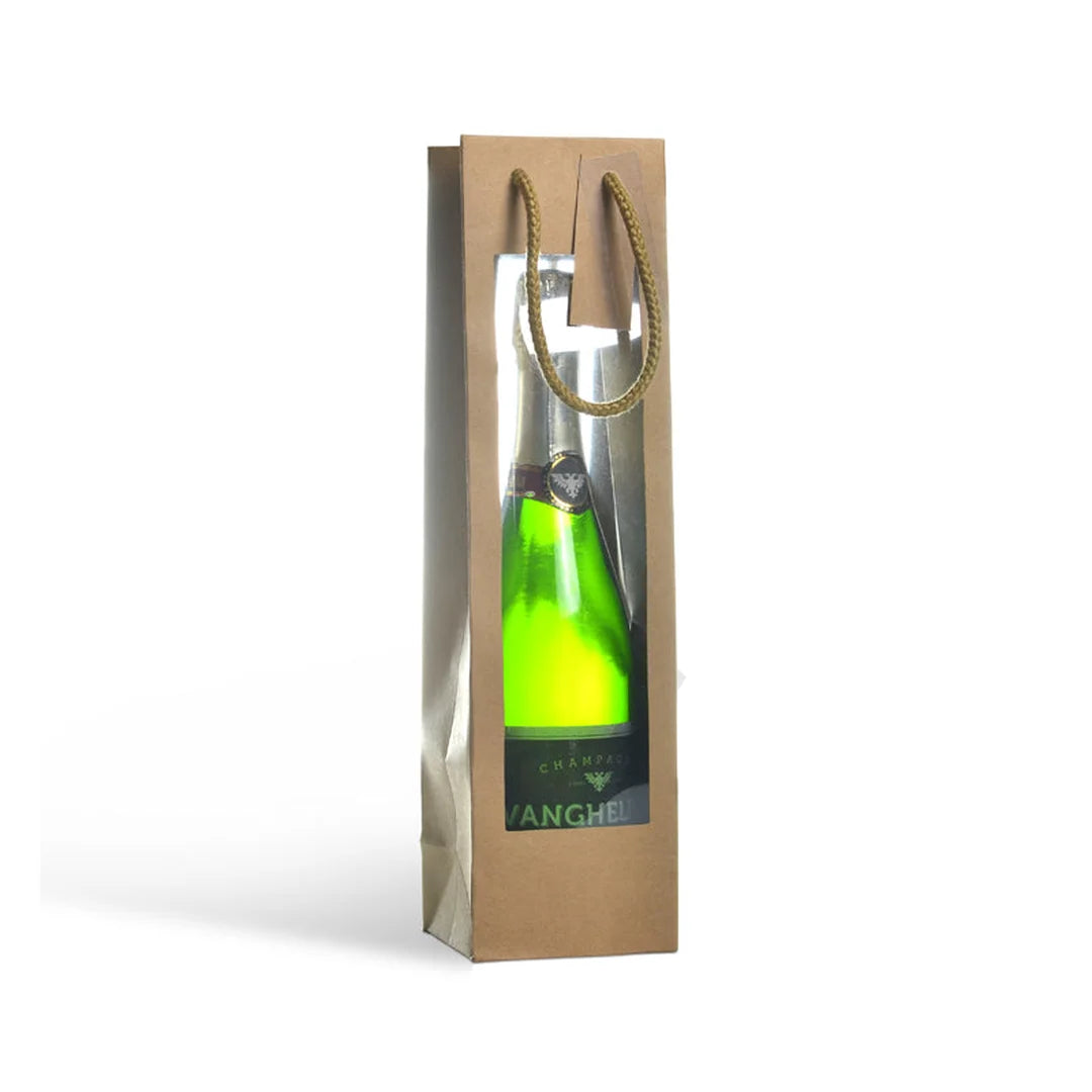 Sac bouteille kraft brun naturel double fenêtre avec cordon brun et carte, blister 20 pièces