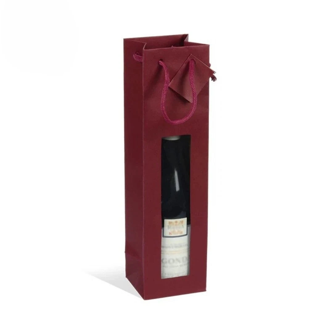 Sac bouteille kraft Lie de Vin avec fenêtre et poignées cordelières — format 1 bouteille 10+9x38 cm