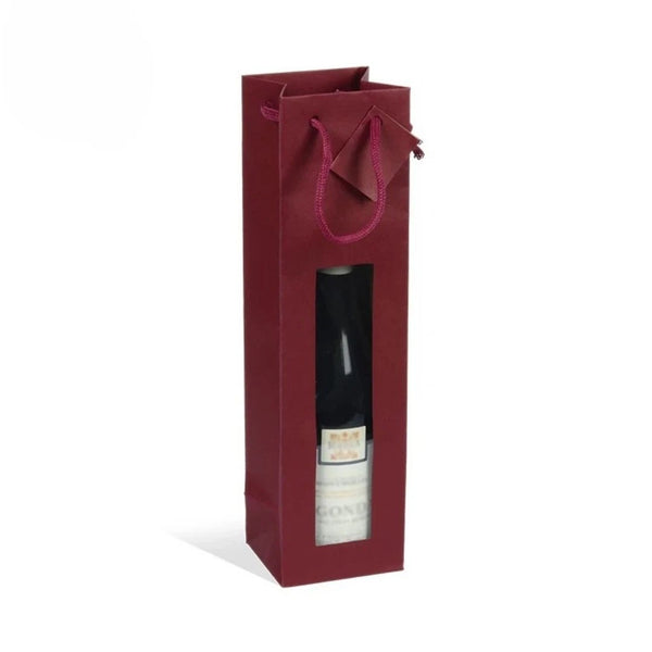 Sac bouteille kraft Lie de Vin avec fenêtre et poignées cordelières — format 1 bouteille 10+9x38 cm