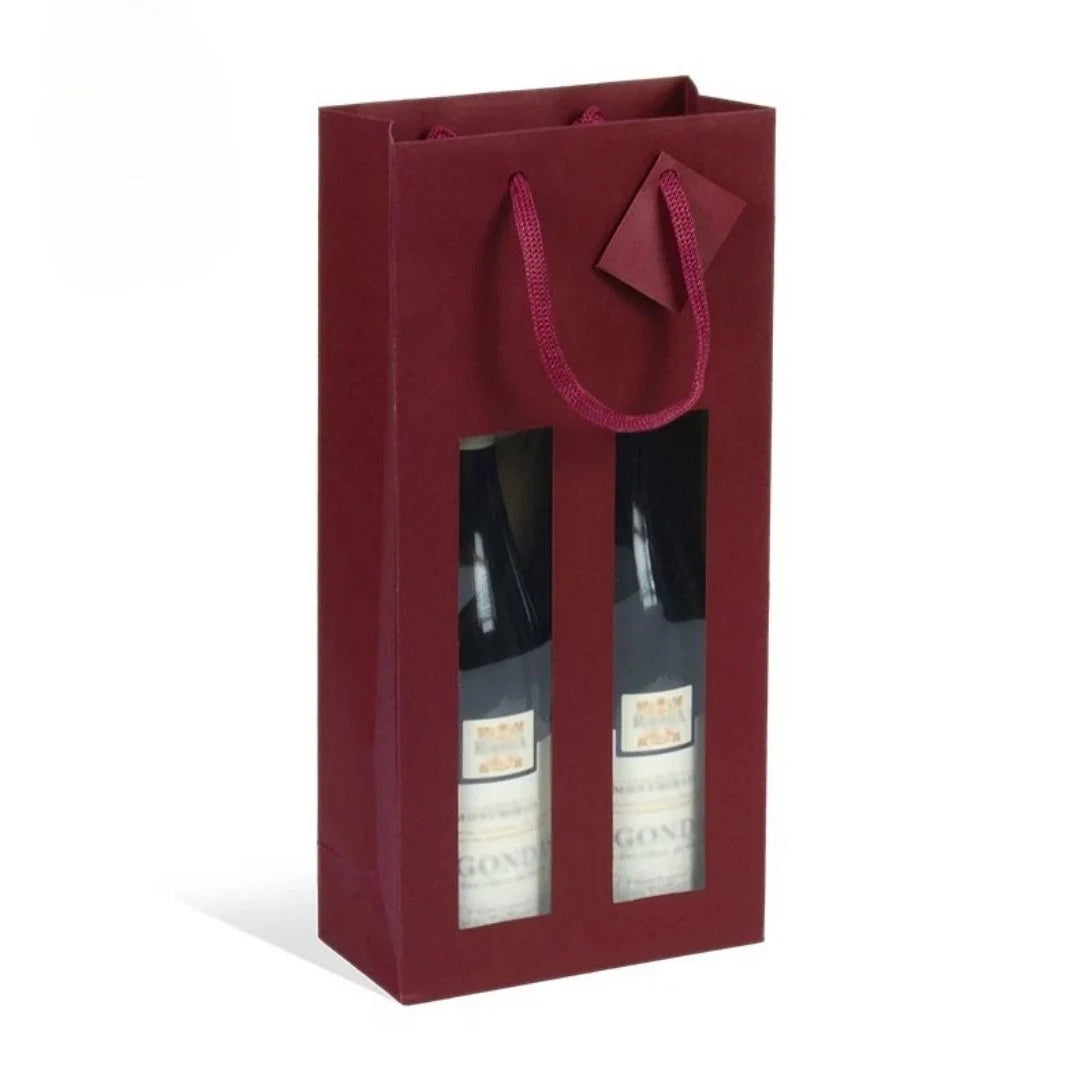 Sac bouteille kraft Lie de Vin avec fenêtre pour 2 bouteilles — format 18+9x38 cm, plastique recyclé