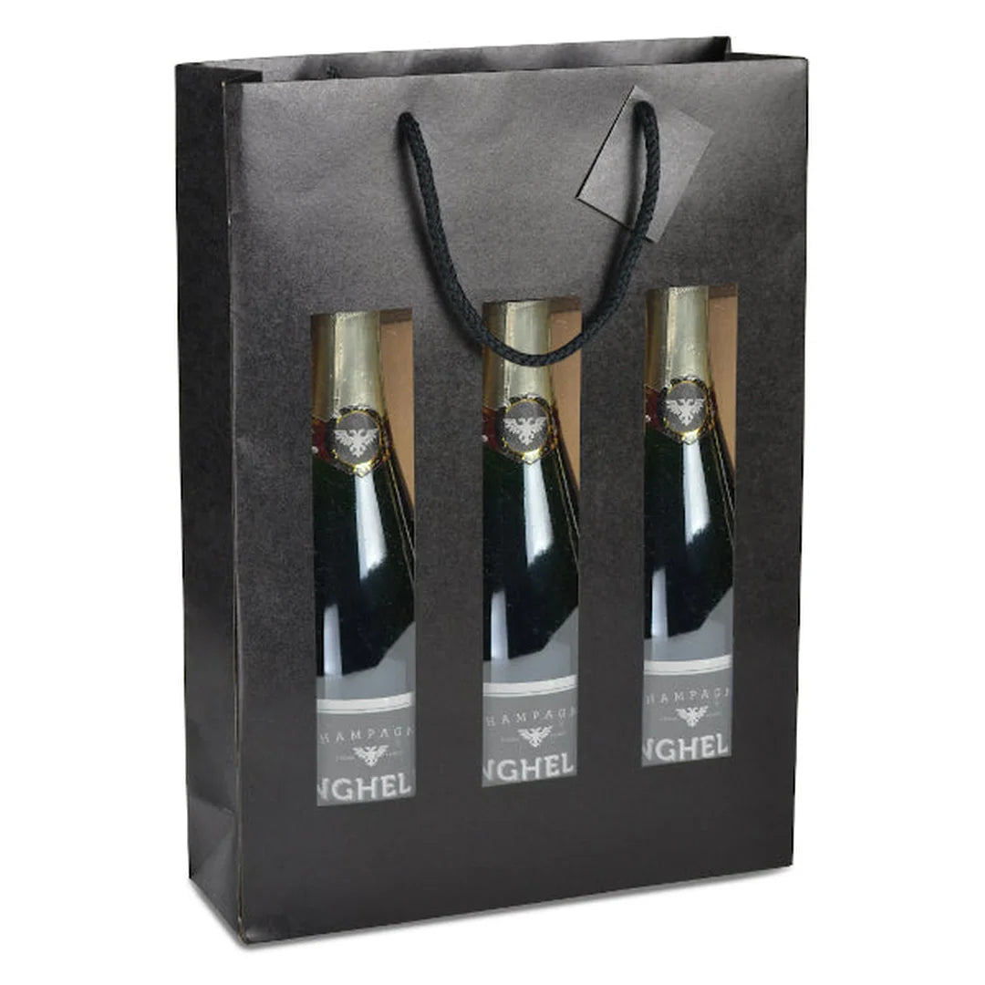 Sac kraft noir fenêtre pour 3 bouteilles avec carton séparateur — coffret cadeau vin et spiritueux