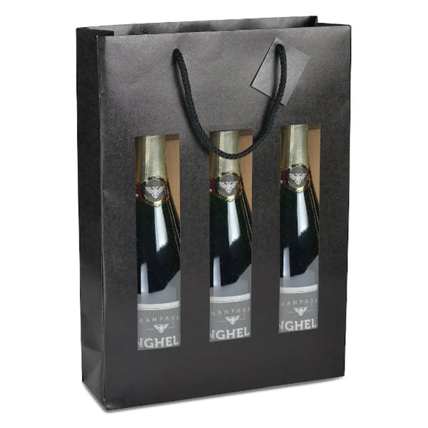 Sac kraft noir fenêtre pour 3 bouteilles avec carton séparateur — coffret cadeau vin et spiritueux