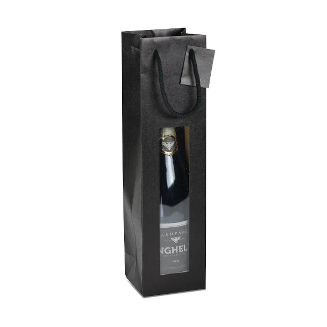 Sac bouteille kraft noir 175 g/m² avec fenêtre et carte cadeau intégrée — format 1 bouteille pour caviste