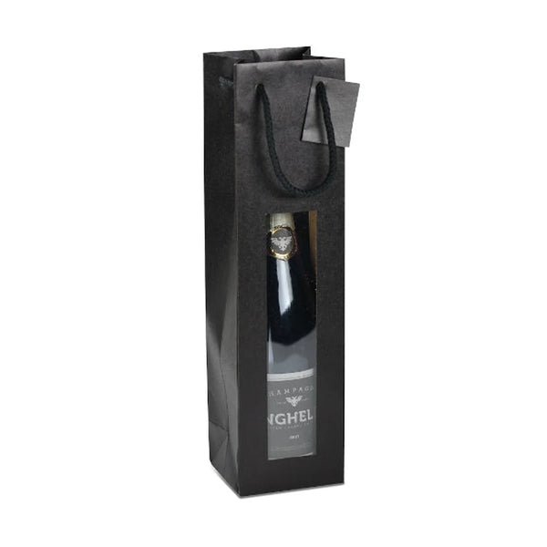 Sac bouteille kraft noir 175 g/m² avec fenêtre et carte cadeau intégrée — format 1 bouteille pour caviste