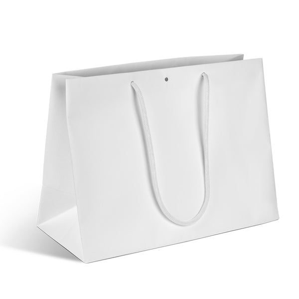 sac boutique luxe en kraft blanc mat avec poignées papier résistantes, 200 g/m², élégant et recyclable, disponible en plusieurs formats