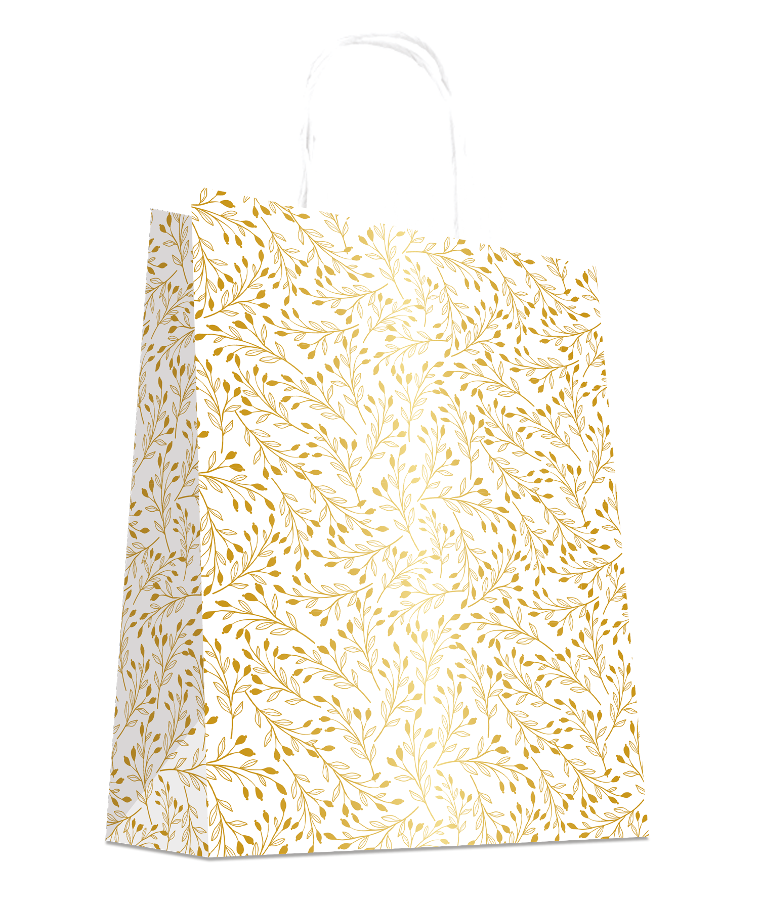 Sacs papier kraft blanc avec motif végétal doré et poignées torsadées
