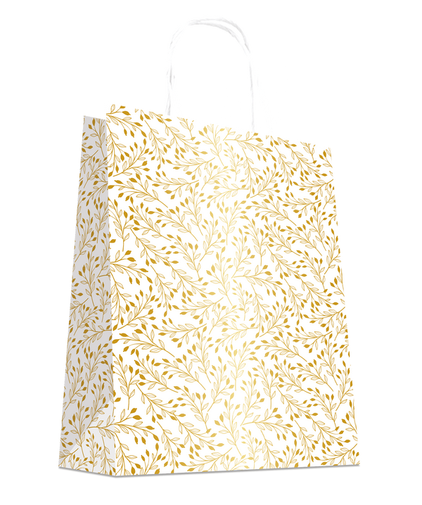 Sacs papier kraft blanc avec motif végétal doré et poignées torsadées