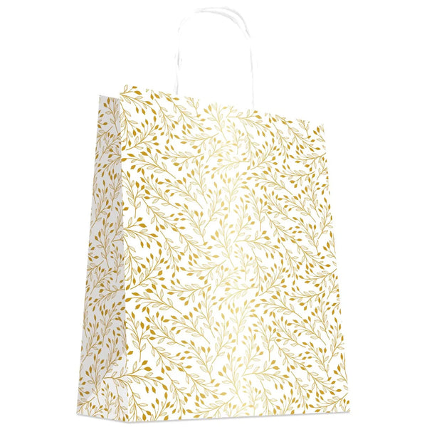 Sac papier kraft blanc motif végétal doré à poignées torsadées — emballage professionnel pour boutique