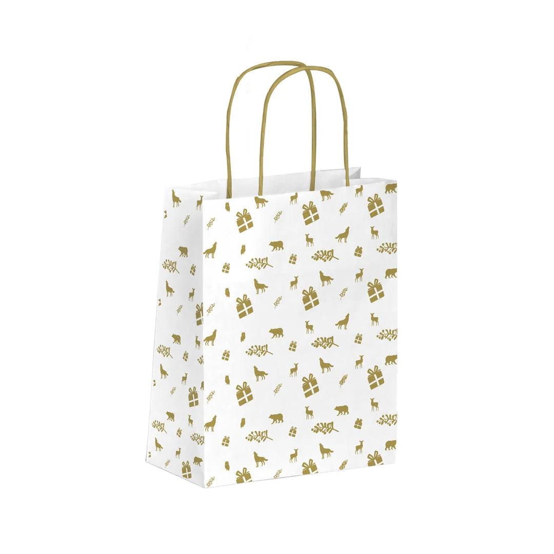 Sac papier kraft blanc motif Noël impression dorée avec poignées torsadées or, 3 formats disponibles