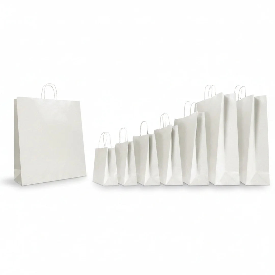 Sacs papier kraft blanc à poignées torsadées en 7 formats pour commerces de détail
