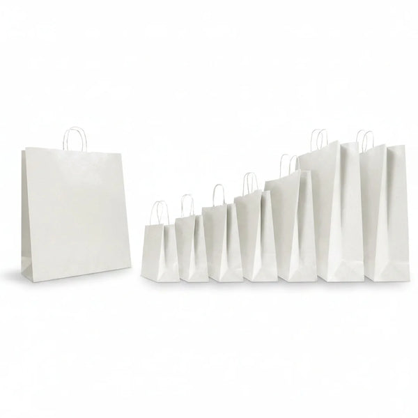 Sacs papier kraft blanc à poignées torsadées en 7 formats pour commerces de détail