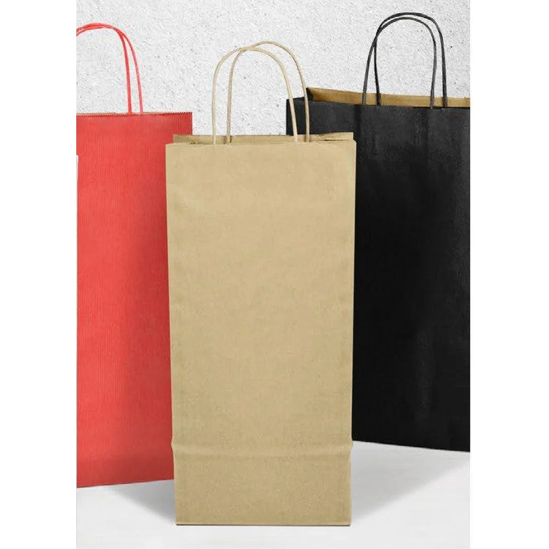 Sacs en papier kraft pour bouteille – coloris brun, noir et rouge, poignées torsadées