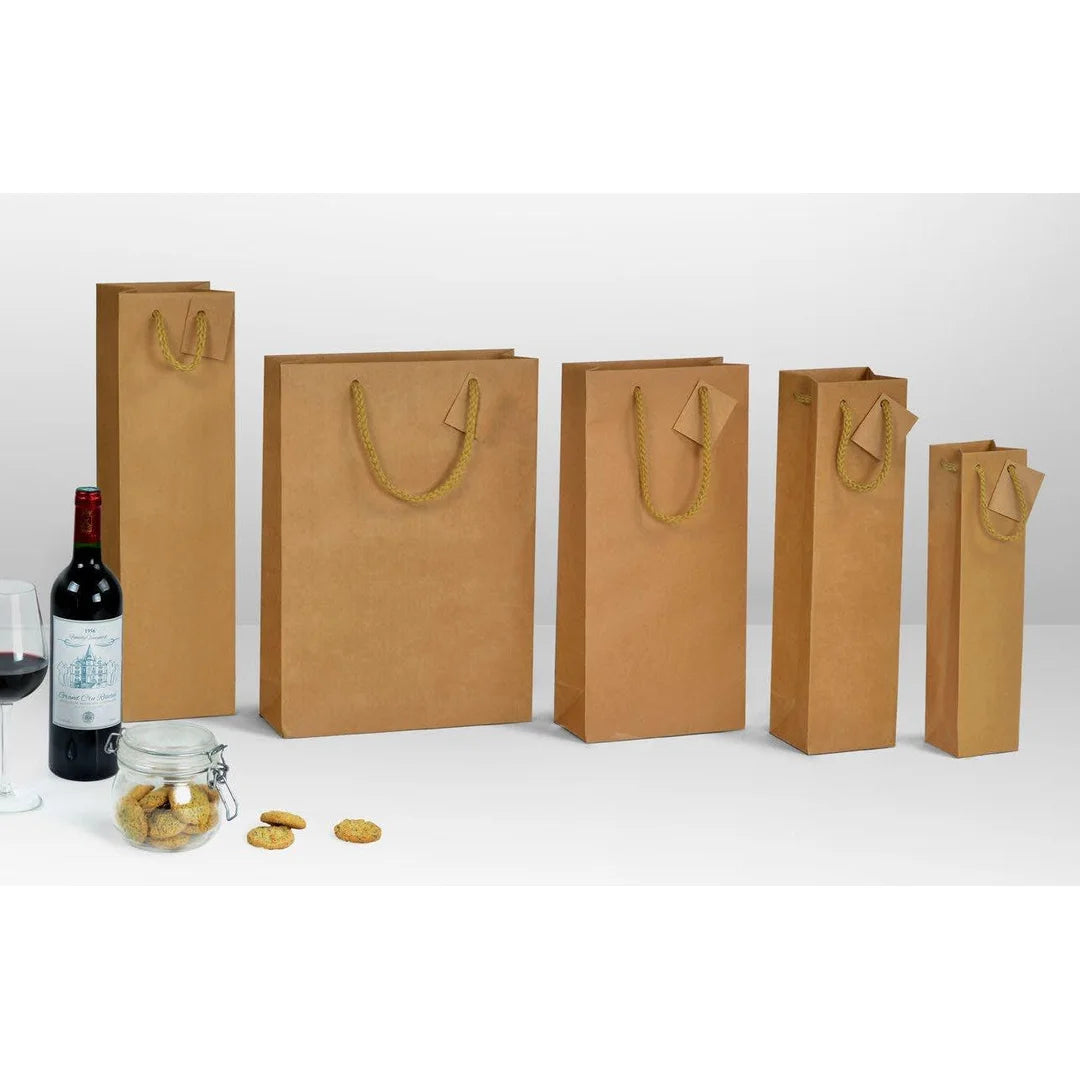 Gamme de sacs kraft brun Chic Nature pour bouteilles en 7 formats, du flacon au jéroboam, pour cavistes et épiceries fines