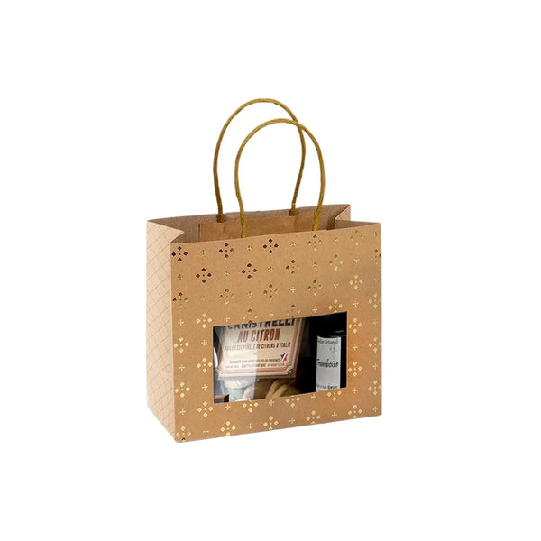 Sac kraft brun étoilé avec fenêtre recyclée et poignées torsadées — format 18+8×19 cm