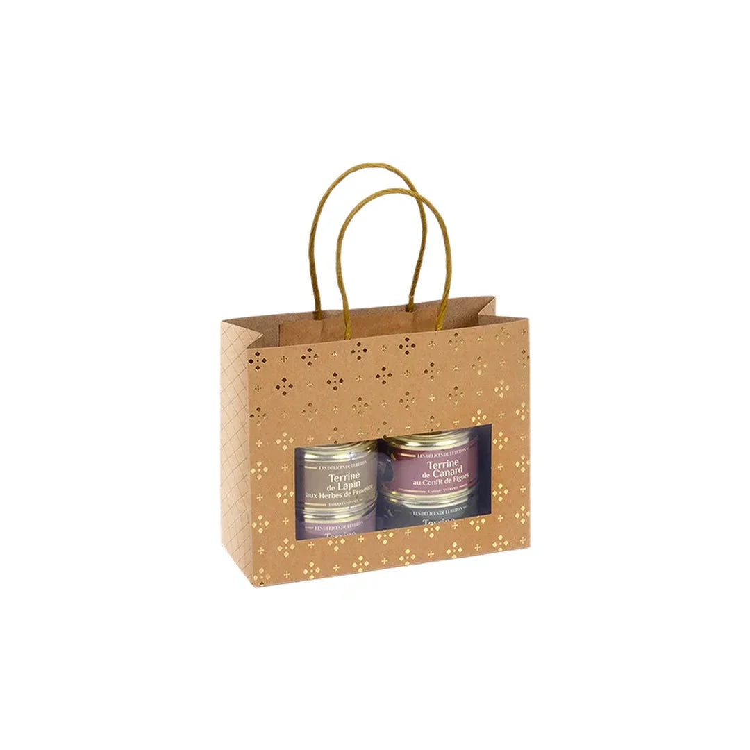Sac kraft brun motif étoilé doré avec fenêtre — format 20+7.5×15 cm, poignées torsadées