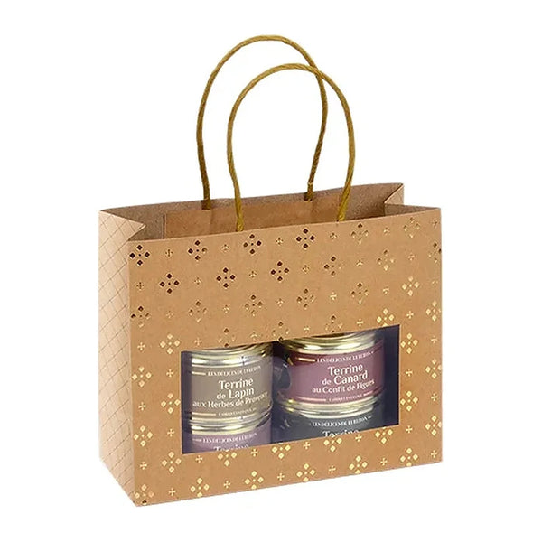Sac kraft brun motif étoilé doré avec fenêtre — format 20+7.5×15 cm, poignées torsadées