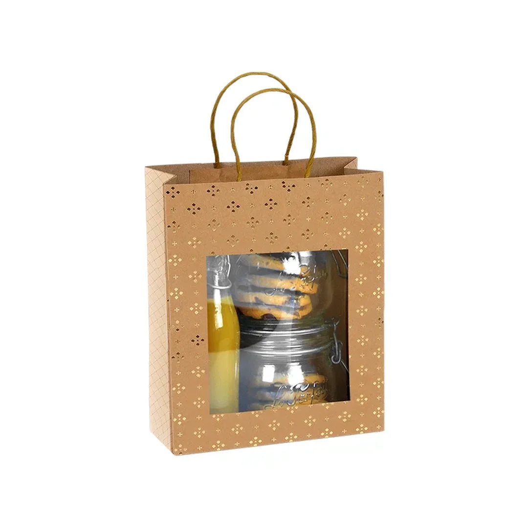 Grand sac kraft brun étoilé avec fenêtre plastique recyclé — format 22+11×28 cm