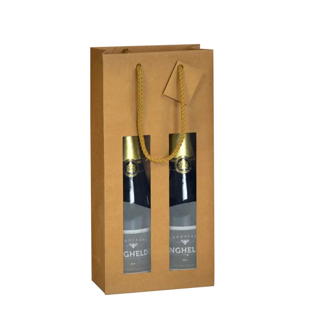 Sac kraft brun à fenêtre format 2 bouteilles, emballage cadeau vin professionnel
