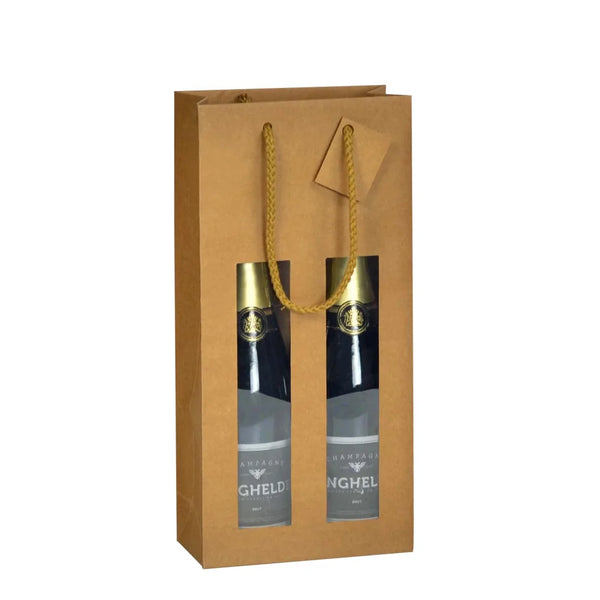 Sac kraft brun à fenêtre format 2 bouteilles, emballage cadeau vin professionnel