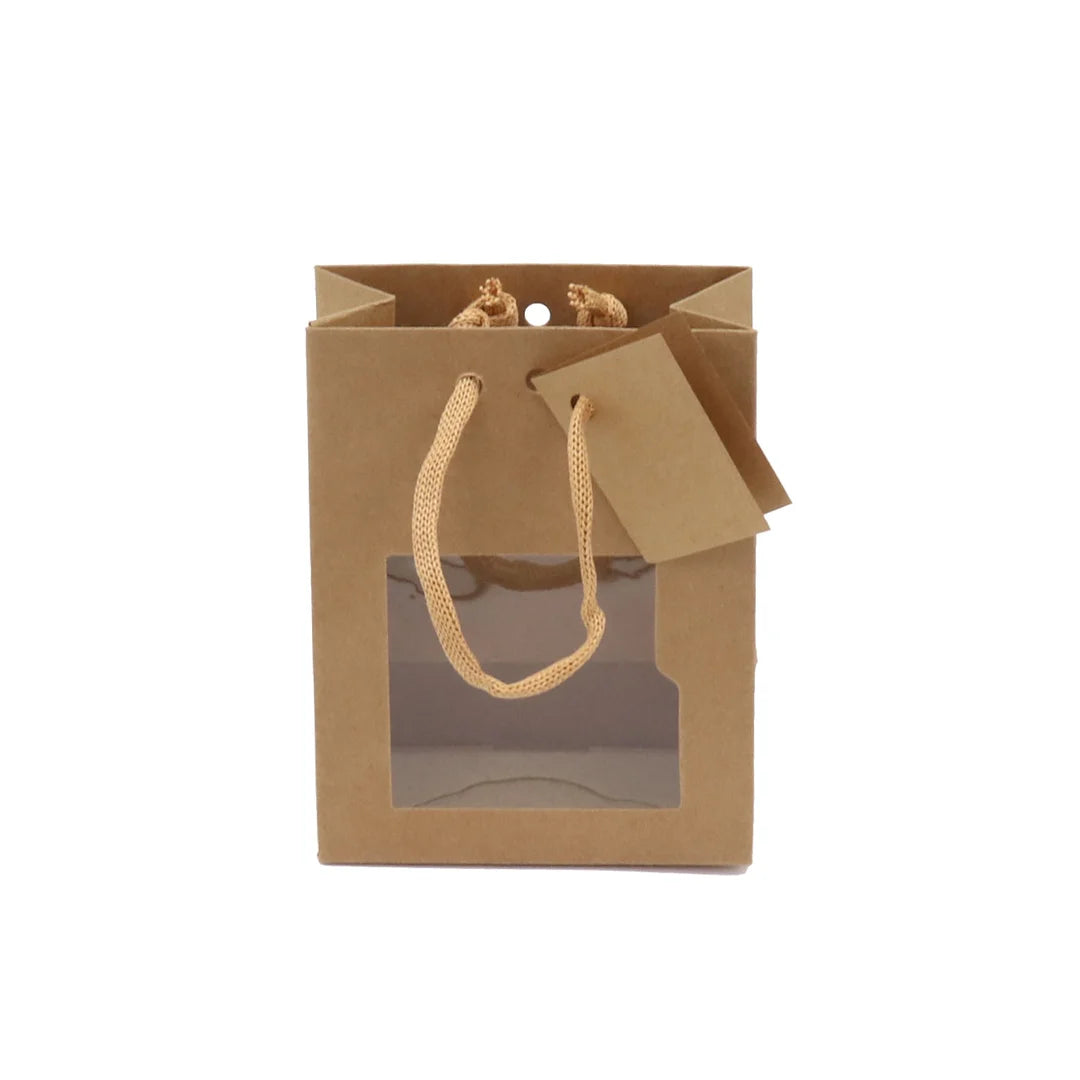 Sac kraft brun naturel format small avec fenêtre PET et poignées cordelières
