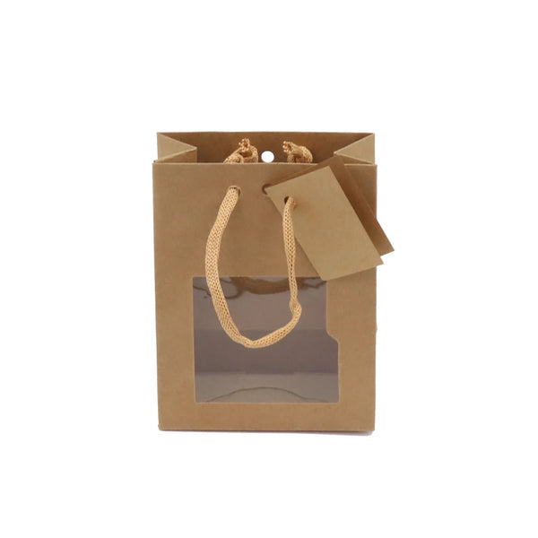 Sac kraft brun naturel format small avec fenêtre PET et poignées cordelières