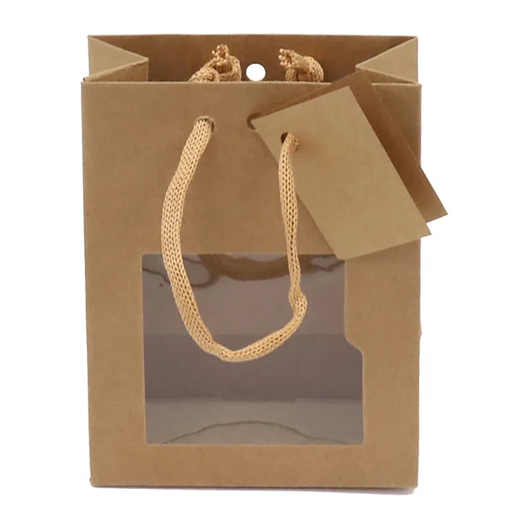 Sac kraft brun naturel format small avec fenêtre PET et poignées cordelières