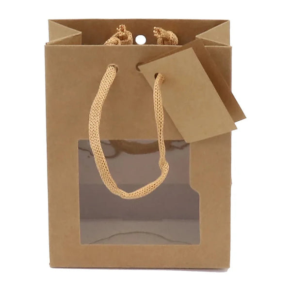 Sac kraft brun naturel format small avec fenêtre PET et poignées cordelières