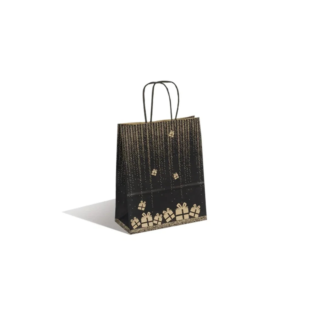 Sac kraft brun imprimé motif cadeaux poignées torsadées noires format 18x22 cm, lot de 50